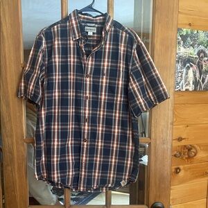 Carhartt Men's Navy and Orange Plaid Shirt